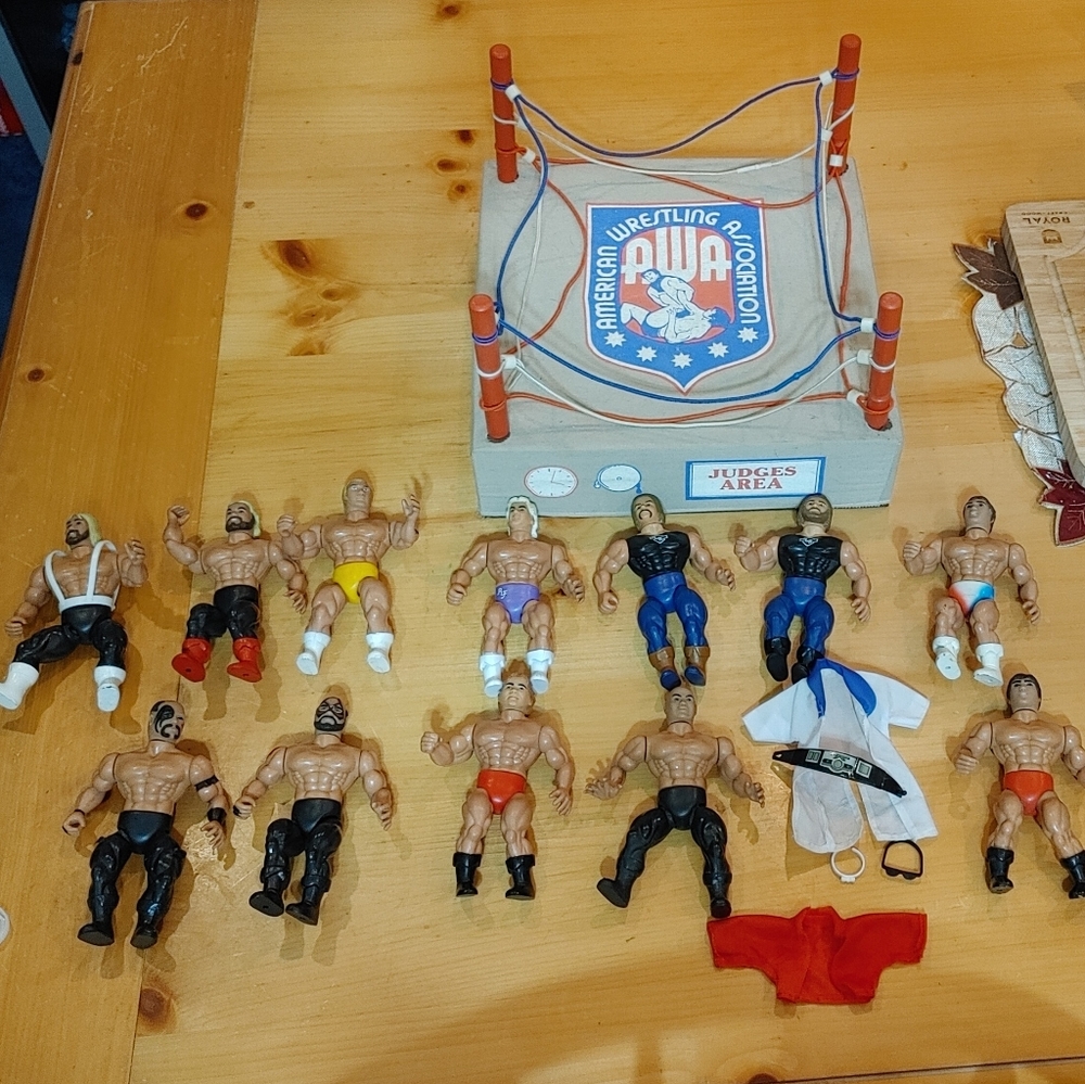 AWA Ring with loose ring ropes, 12 original action figures, and accessories